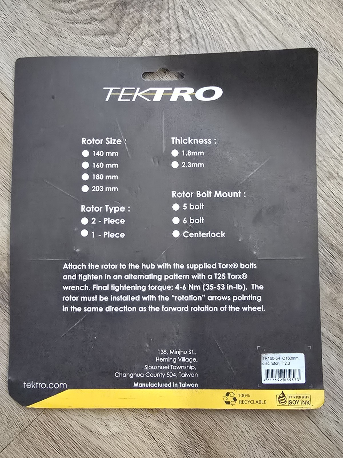TEKTRO TR160-54 160mm 6-Bolt Disc Brake Rotor 2.3mm w/ Bolts for Bike or E-Bike