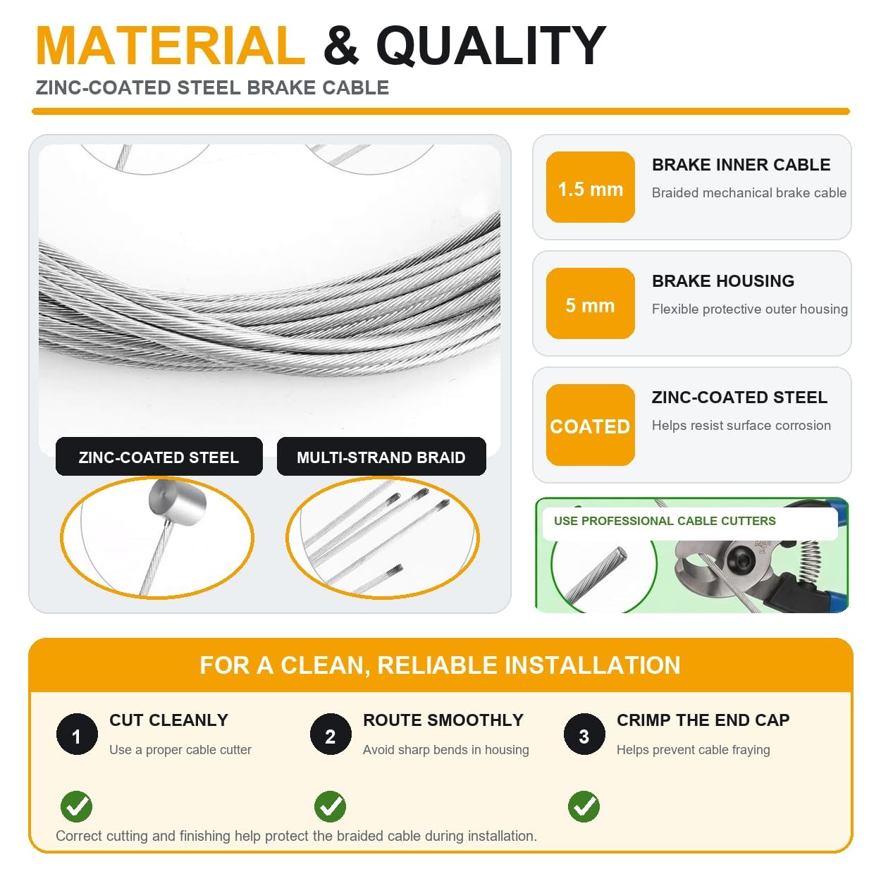 Bike Brake Cable Kit, Dual-Ended Bicy cle Cables with 2.5 0.06″W, black