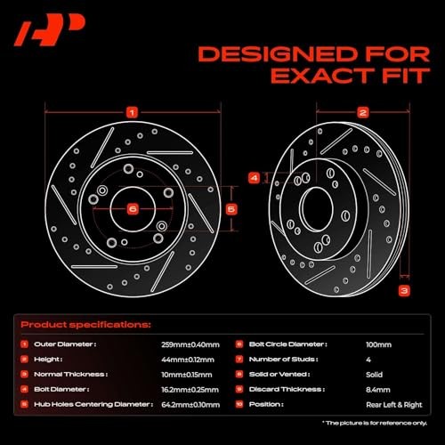 10.19 inch (259mm) Rear Drilled and Slotted Disc Brake Rotors Compatible with