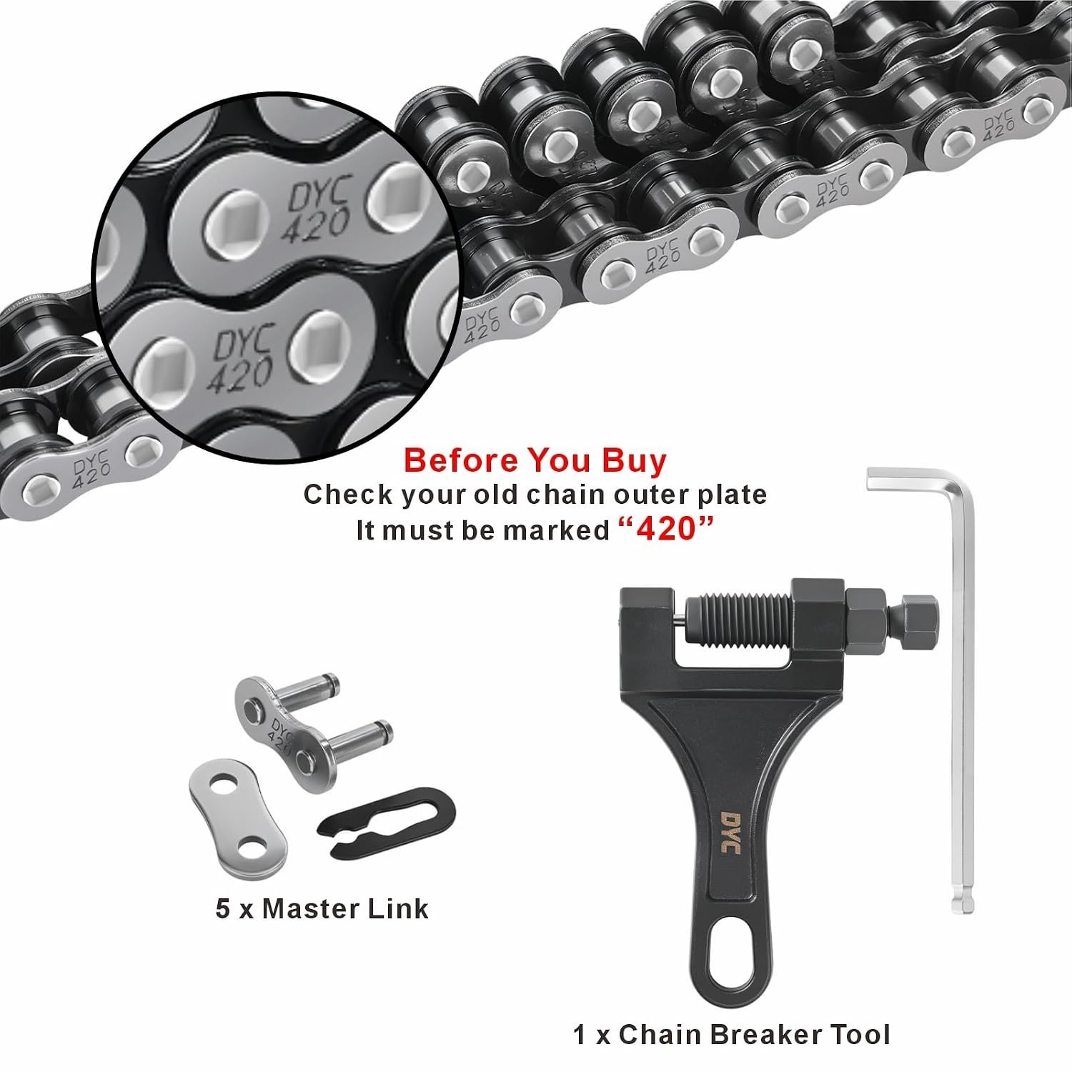 DYC 420 Chain 132 Links with 5 Master Links and Chain Breaker Tool | Cut to f…