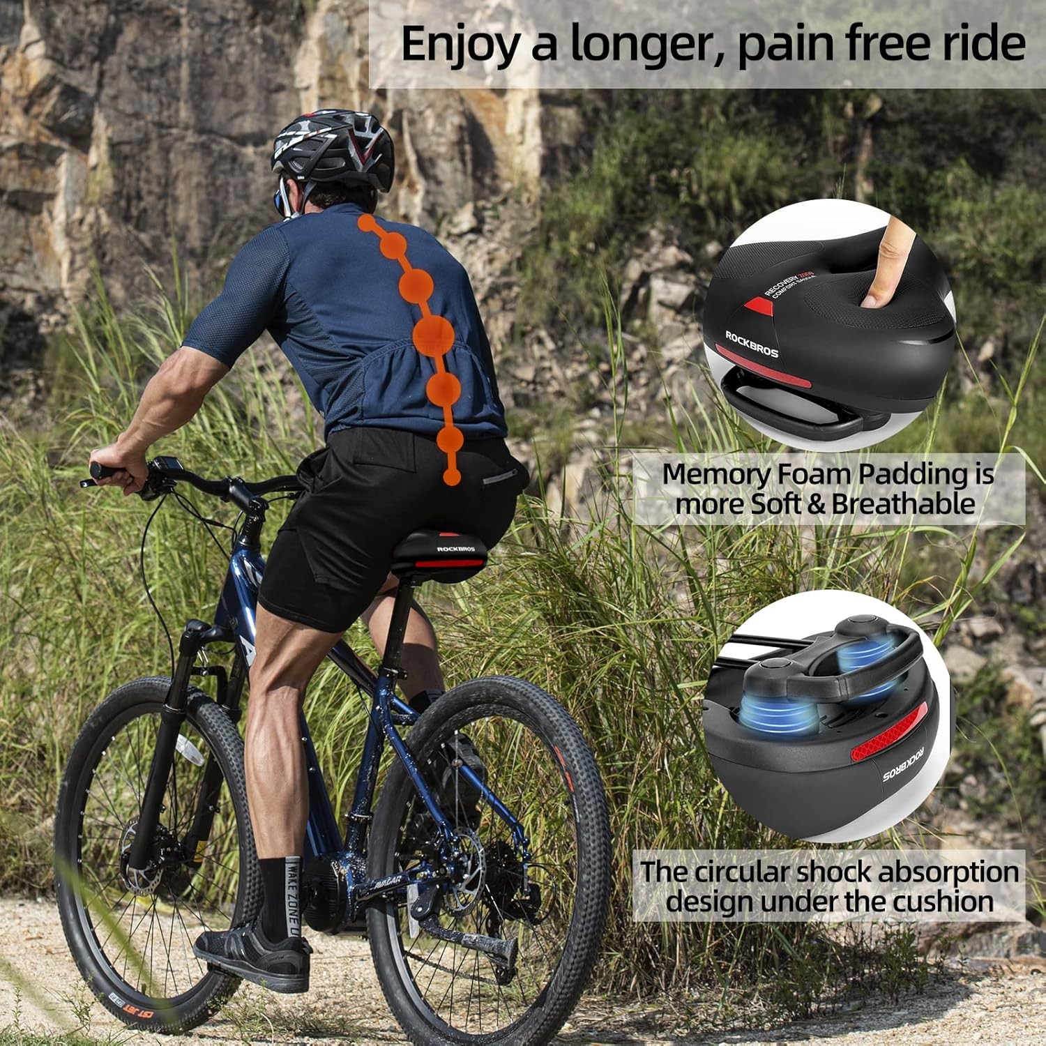 ROCKBROS Comfort Bike Seat Cushion Wide Memory Foam Padded Saddle with Reflect
