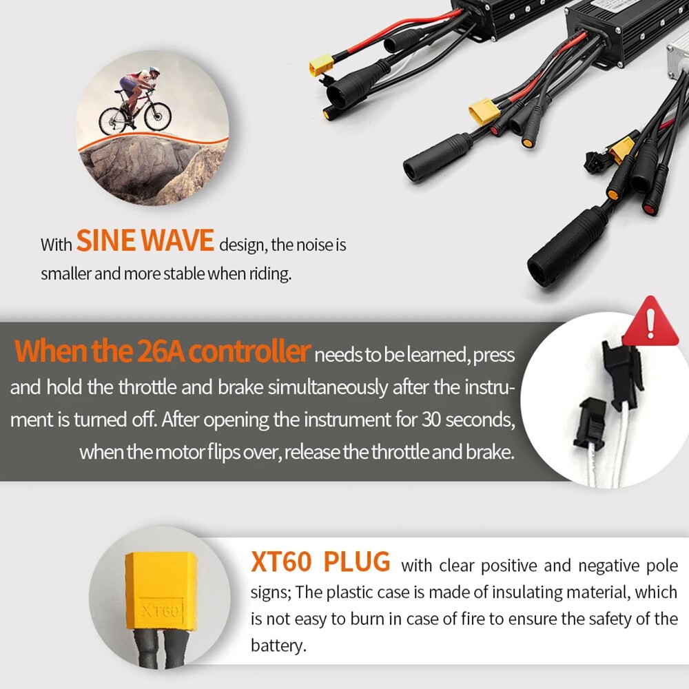 E-Bike 24V/36V/48V 26A Sine Wave Controller &Display WP Plug for 500W-750W Motor