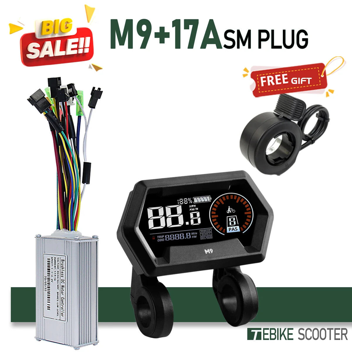 E-Bike 3 Mode Sinewave Controller 17A26A30A40A+LCD M5 M9 Display 24V36V48V Motor