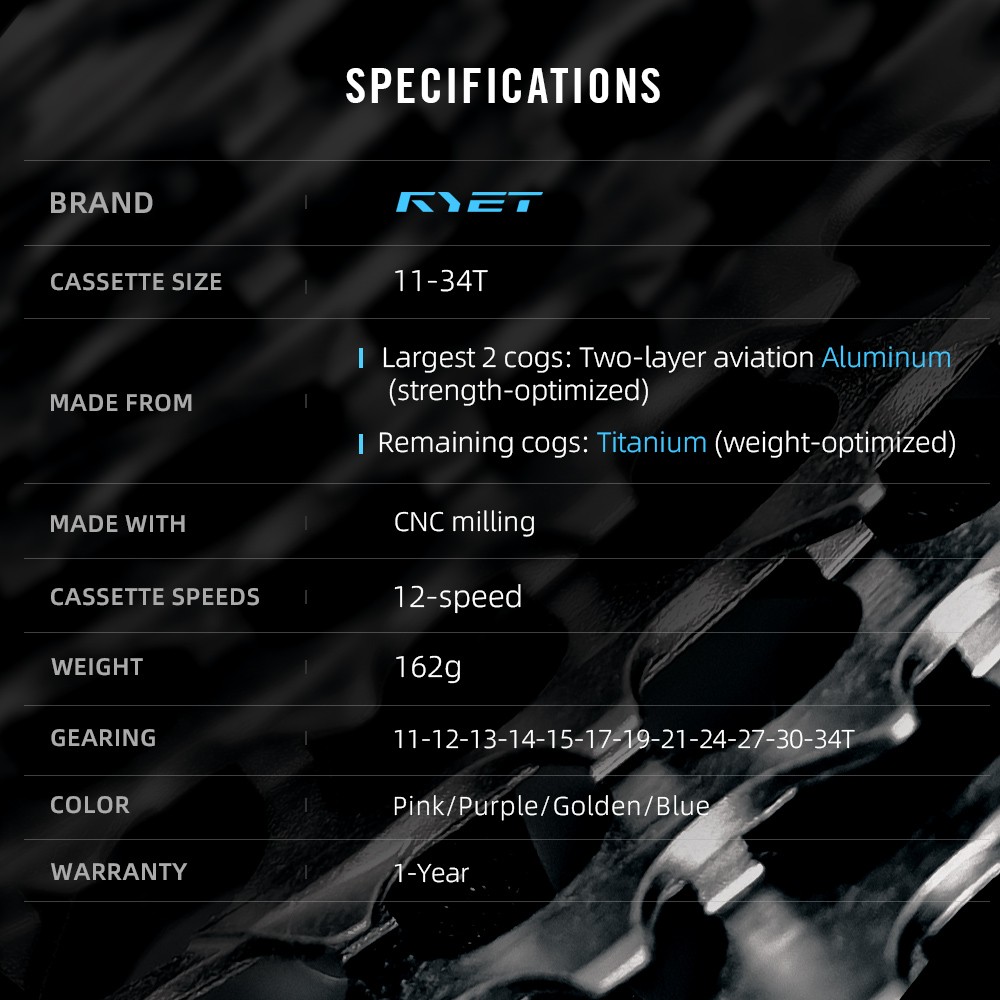 RYET Titanium 12 Speed Cassette 11-34T Ultralight for Shimano SRAM HG