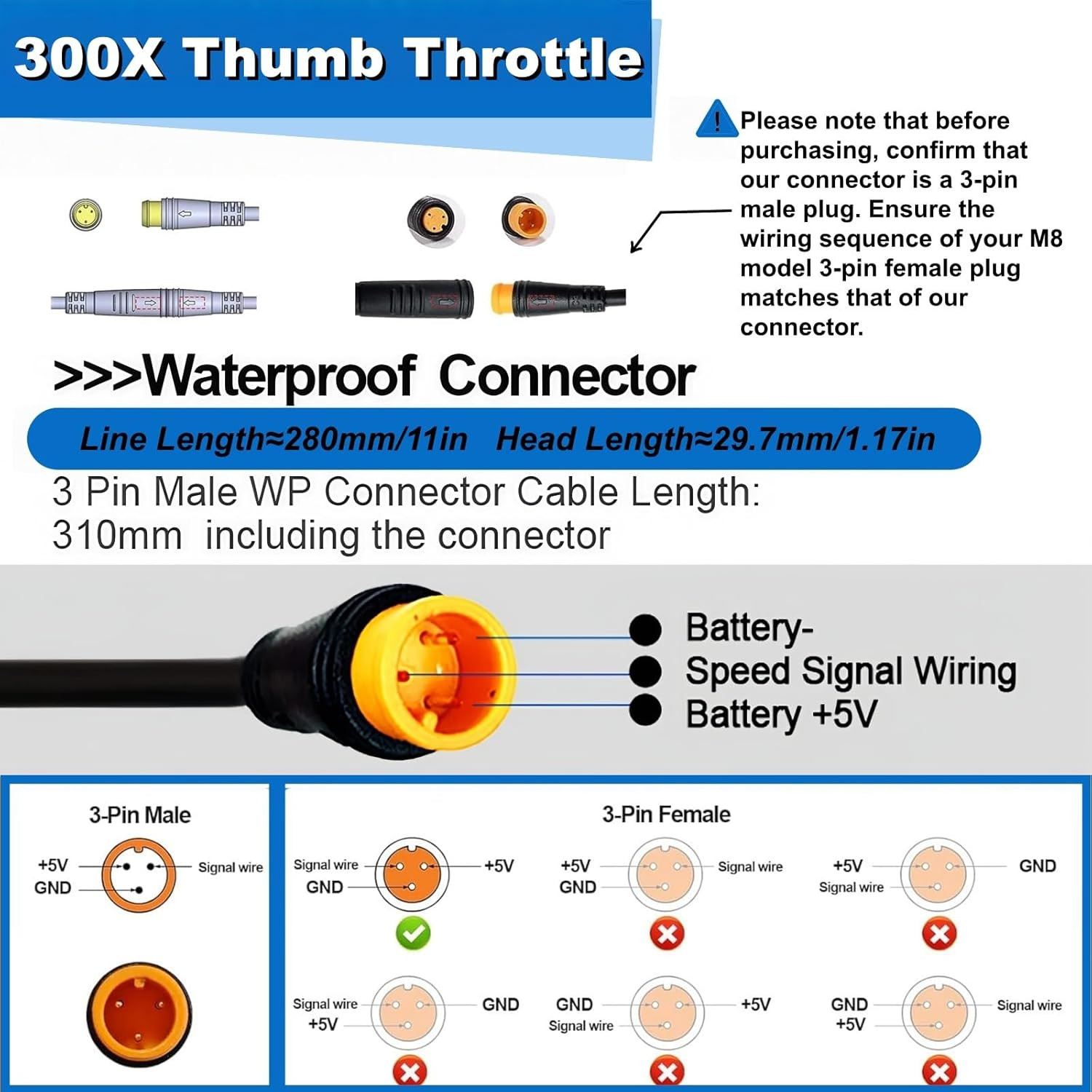 Ebike Thumb Throttle,12V/24V/36V/48V/52V/60V/72V 3-Pin M8 Waterproof Ebike Throt