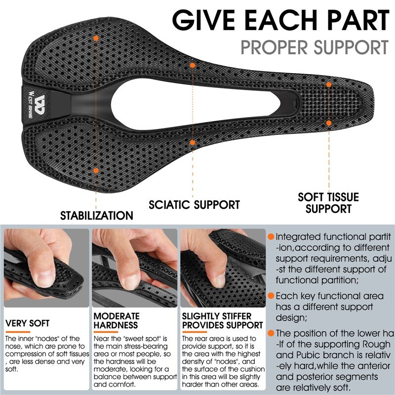 WEST BIKING Carbon Fiber 3D Printed Saddle Ultralight Road Bike Hollow Cushion