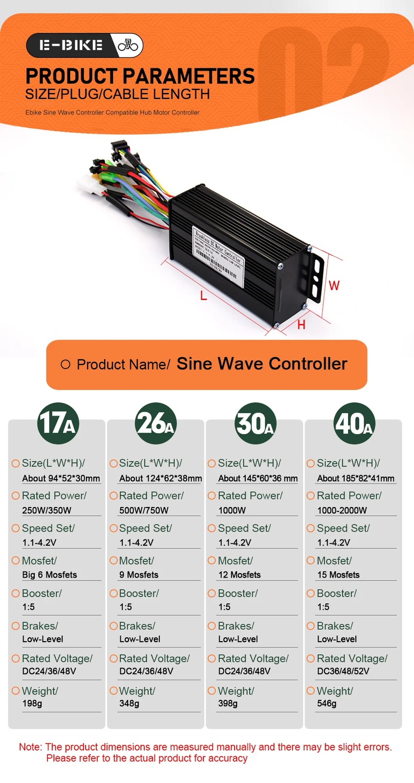Electric Bike Sinewave 17A26A30A40A Controller Kit 250W-2000W Brushless Motor