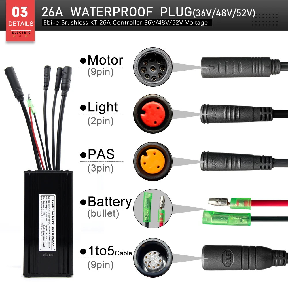 E-bike Controller 36V 48V 52V 26A Waterproof Sinewave Controller 500W 750W