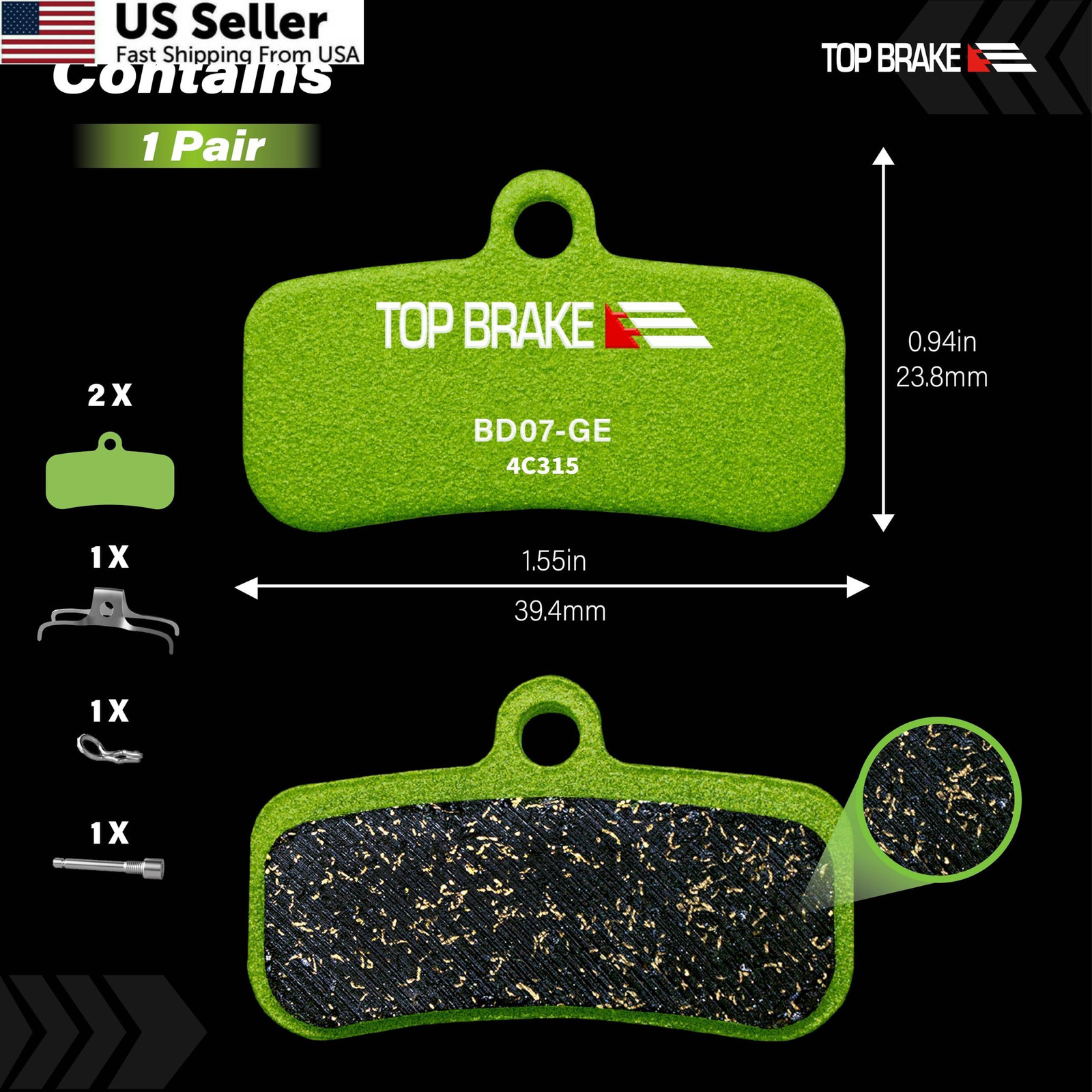 TOP BRAKE Disc Bike Brake Pads Compatible with Shimano 1.55*0.94 (in), Green
