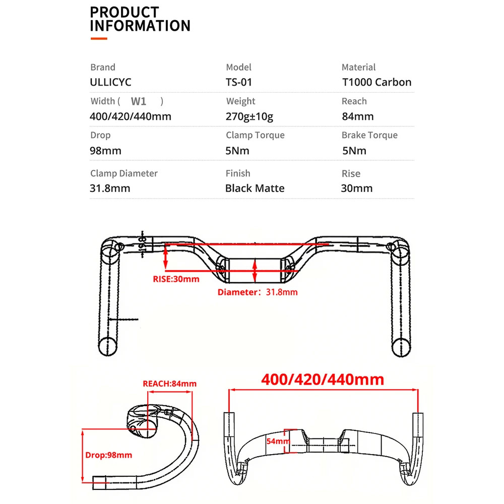 30mm Rise Carbon Fiber Gravel Road Bike Handlebar 400-440mm Internal Cable