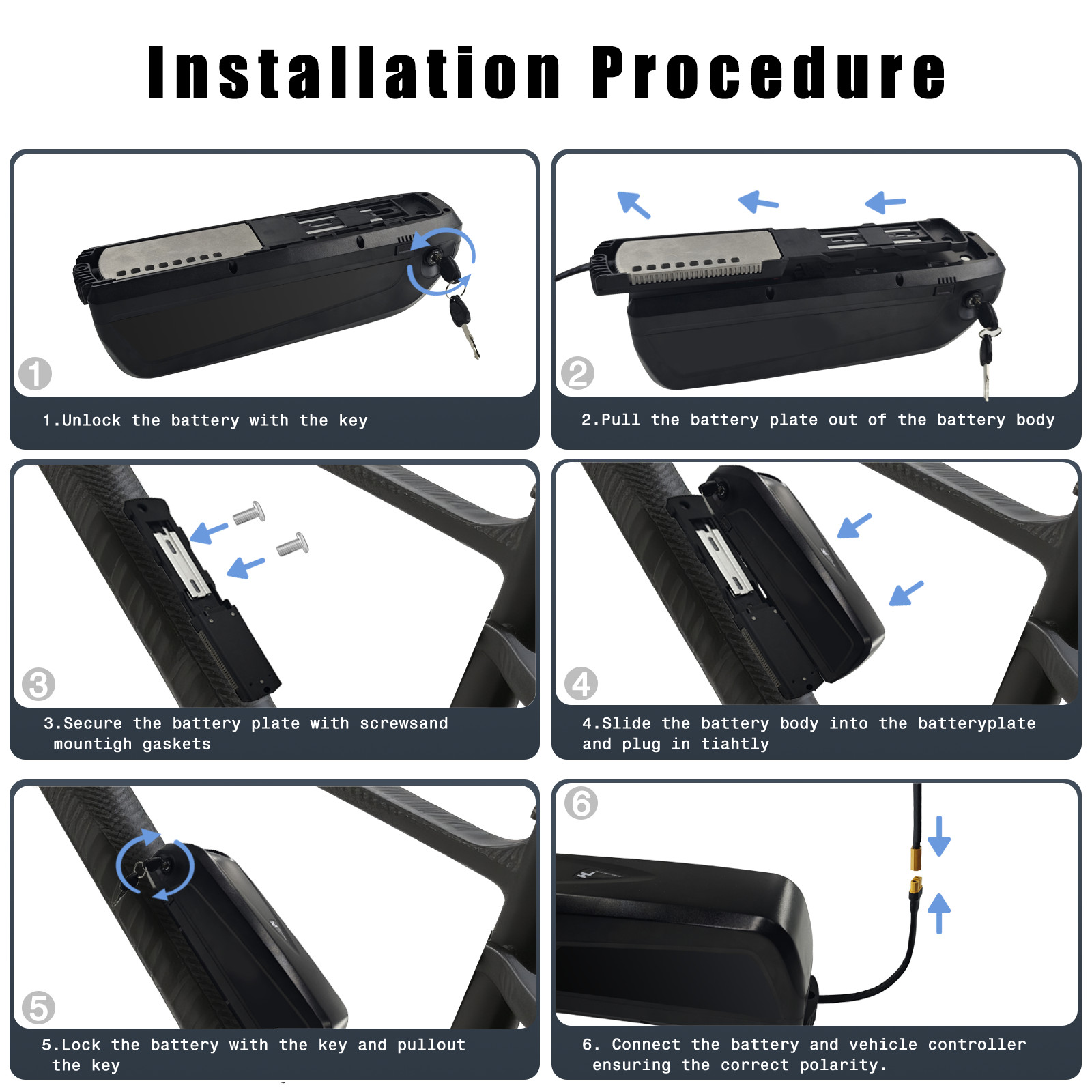 48V 20Ah Battery with 30A BMS, 5-Pin Base Connector, 2A Charger, Safety Lock
