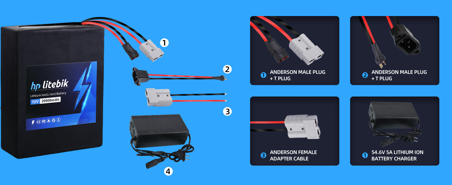 72V 20AH bike Lithium Battery bicycly 50A BMS for 3000W Motors Anderson plug