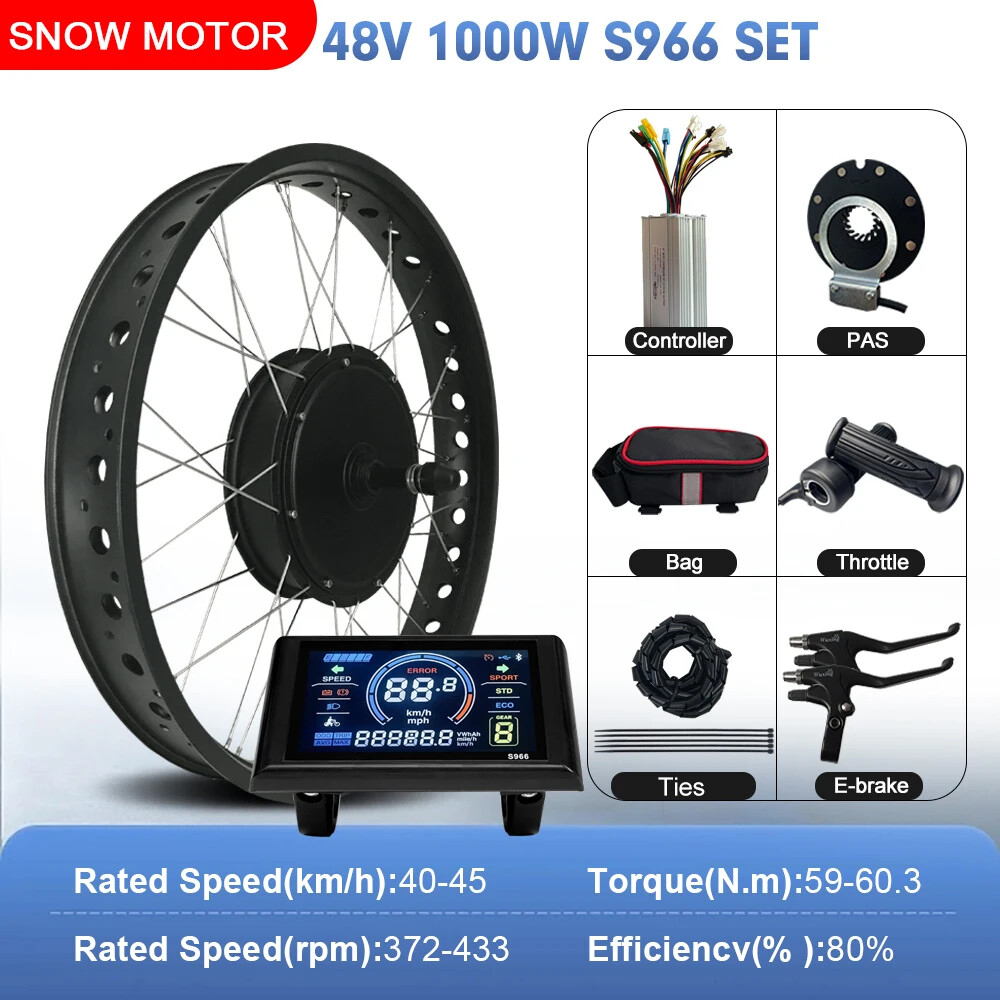 Snow E-bike Conversion Kit 48V 1000W Rear Rotate Hub Motor Wheel 170/190mm