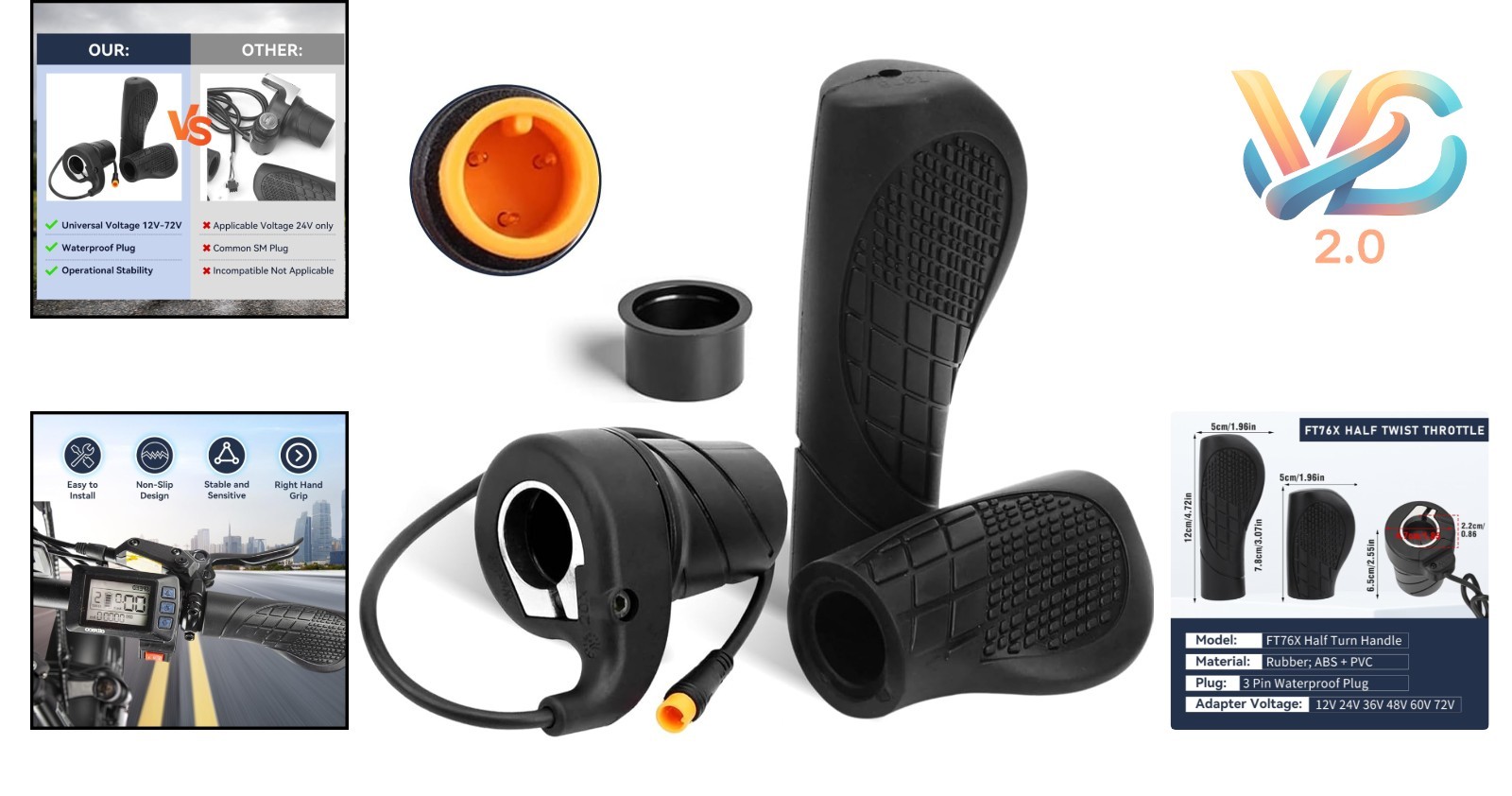 FT76x Waterproof Half Twist Throttle for E-Bike 12V-72V Black