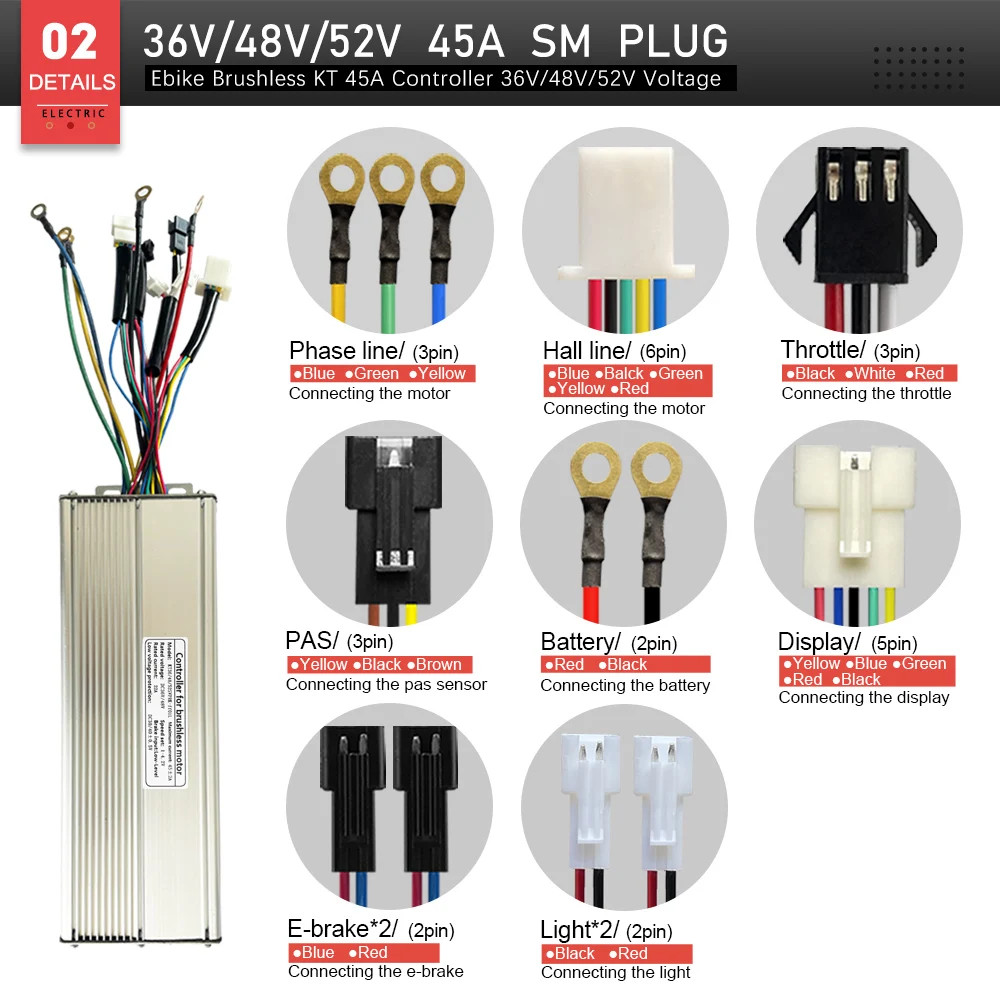 E-bike Sine Wave Controller 36V/48V/52V 45A for Electric Bike Conversion Kit