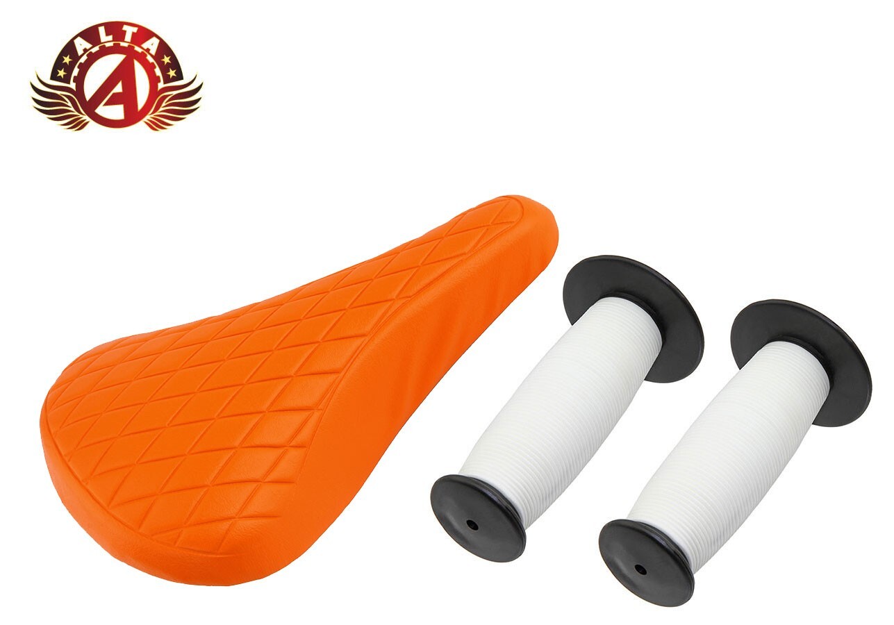 ALTA Orange Diamond Saddle & White/Black Ends Mushroom Grips BMX BIKES.