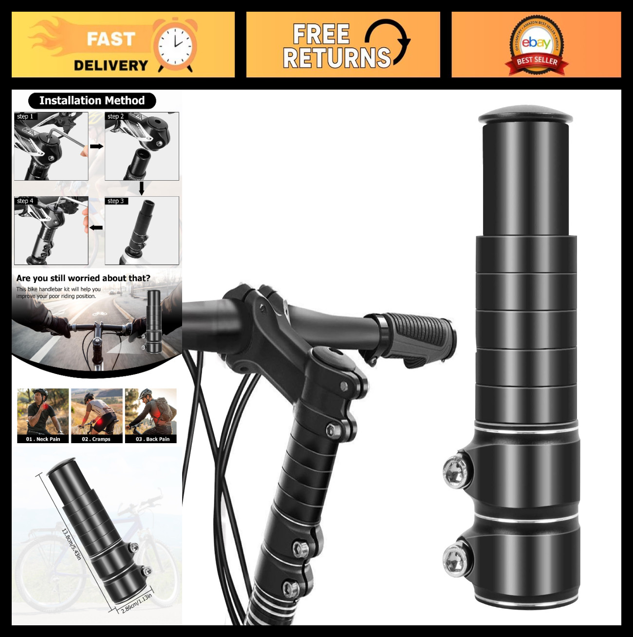 Adjustable Bike Stem Riser – 28.6mm Handlebar Extender, Increases Height Up to 5