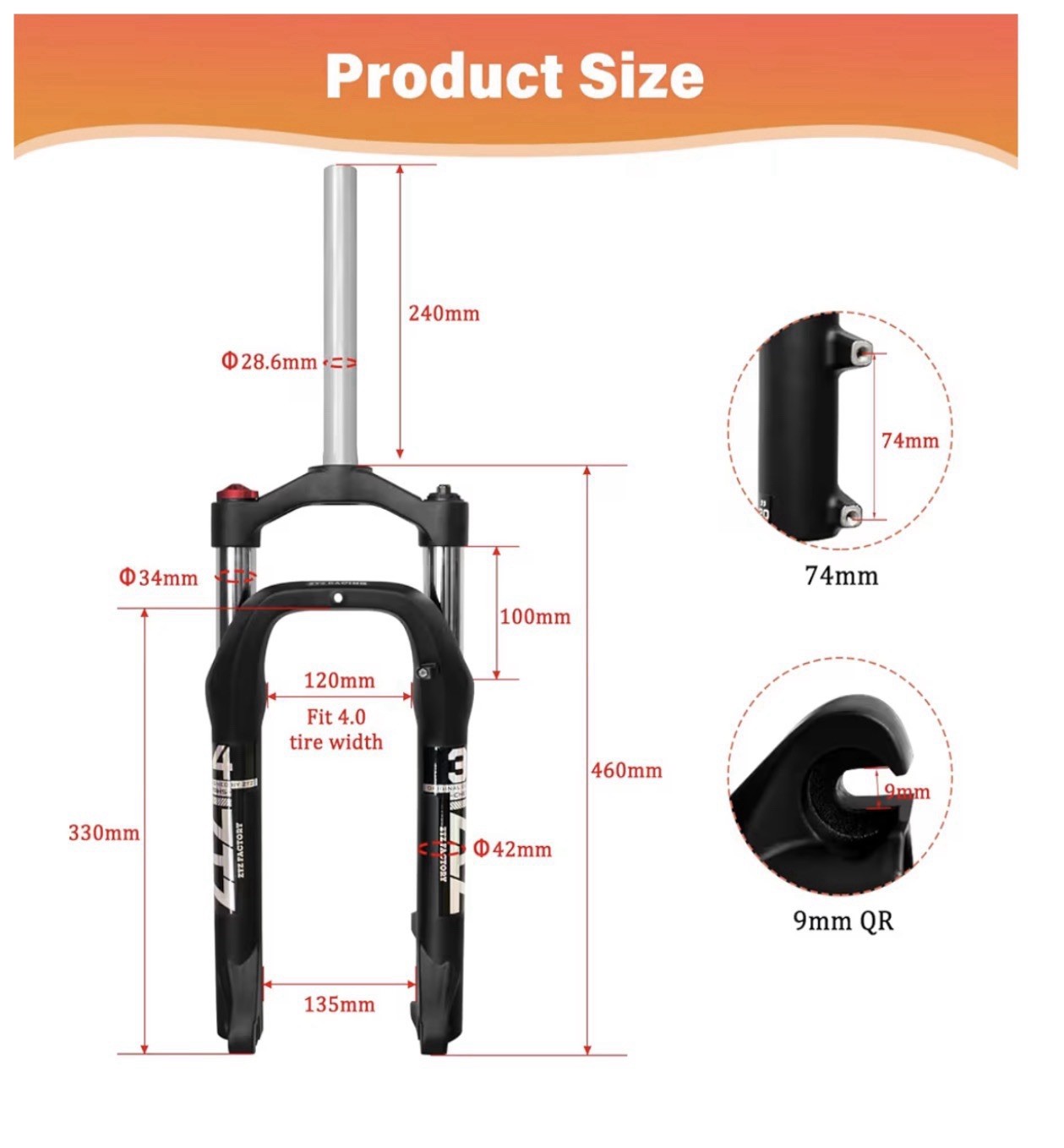 ZTZ 20/26 * 4.0 inch Fat Tire Oil Spring Suspension Fork, 135mm Spacing Hub