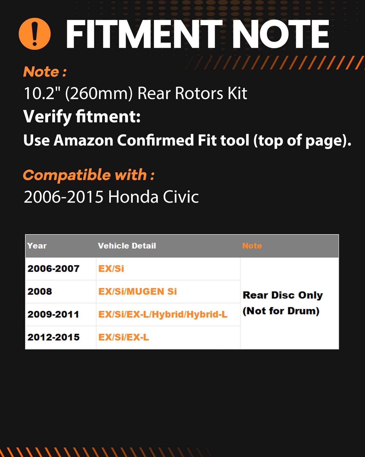 Rear Brake Kit 260mm Rotors Ceramic Pads for Civic 2006-2015 Performance