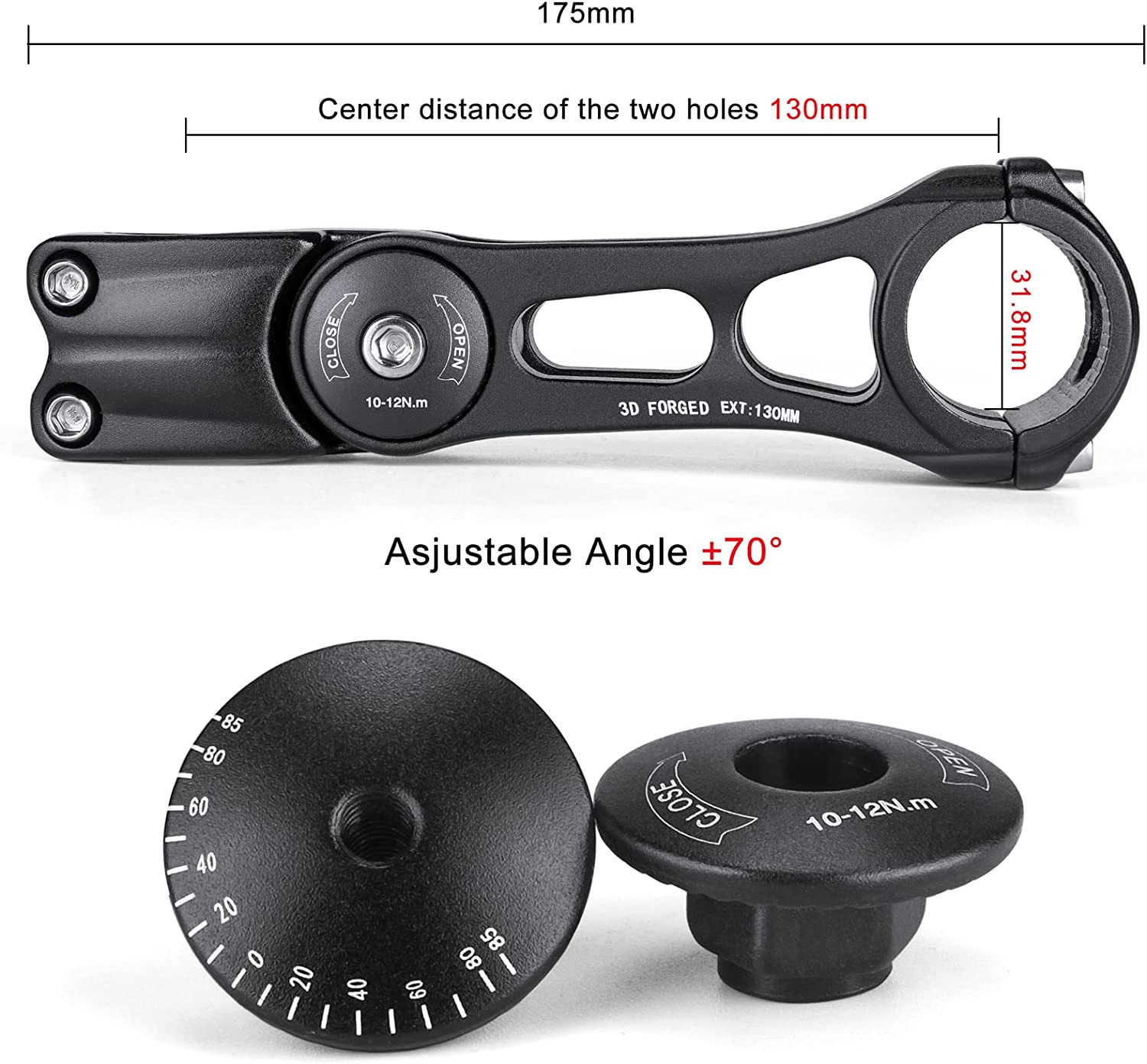 Adjustable MTB Stem 31.8mm 70 Degree – 90/110/130/145mm Bike Stem Riser for Hand