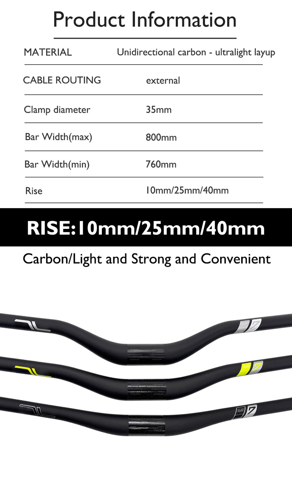 35mm Clamp Carbon Fiber MTB Riser Bar 10mm 25mm 40mm Rise External Cable Routing