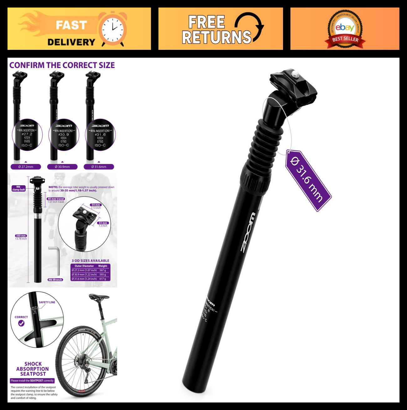 Adjustable Bike Suspension Seatpost 27.2/30.9/31.6mm – Shock Absorber for E-Bike
