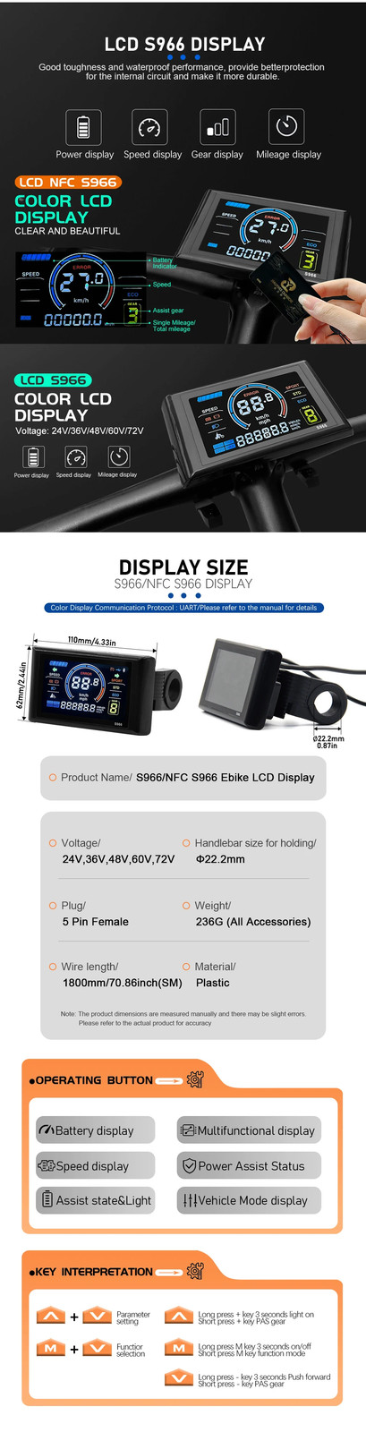 E-bike 3-Mode Sine Wave Waterproof Controller 17A 26A 30A 24V/36V/48V Display