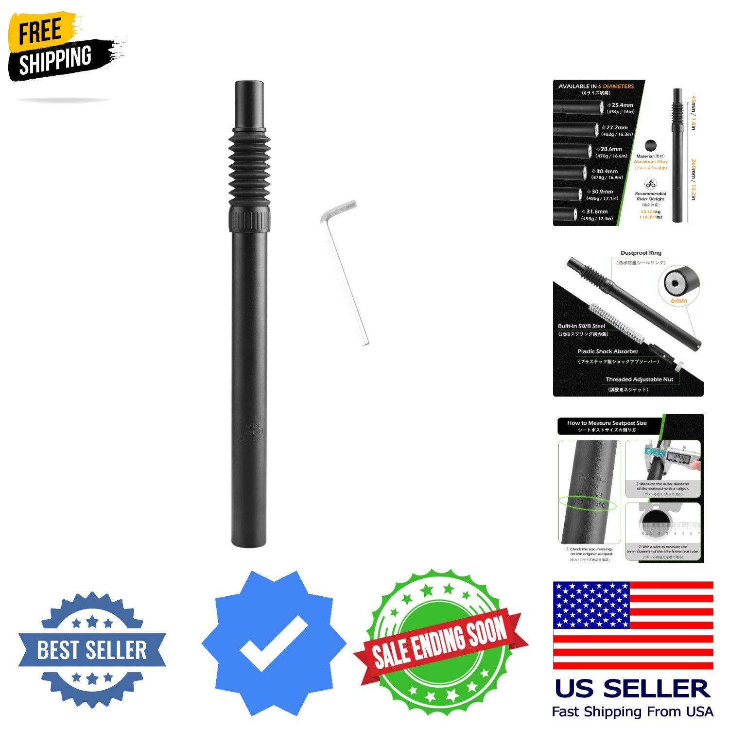 Bike Seat Post 25.4mm 27.2mm 28.6mm 30.4mm 30.8mm 31.6mm Aluminum 350mm Lengt…