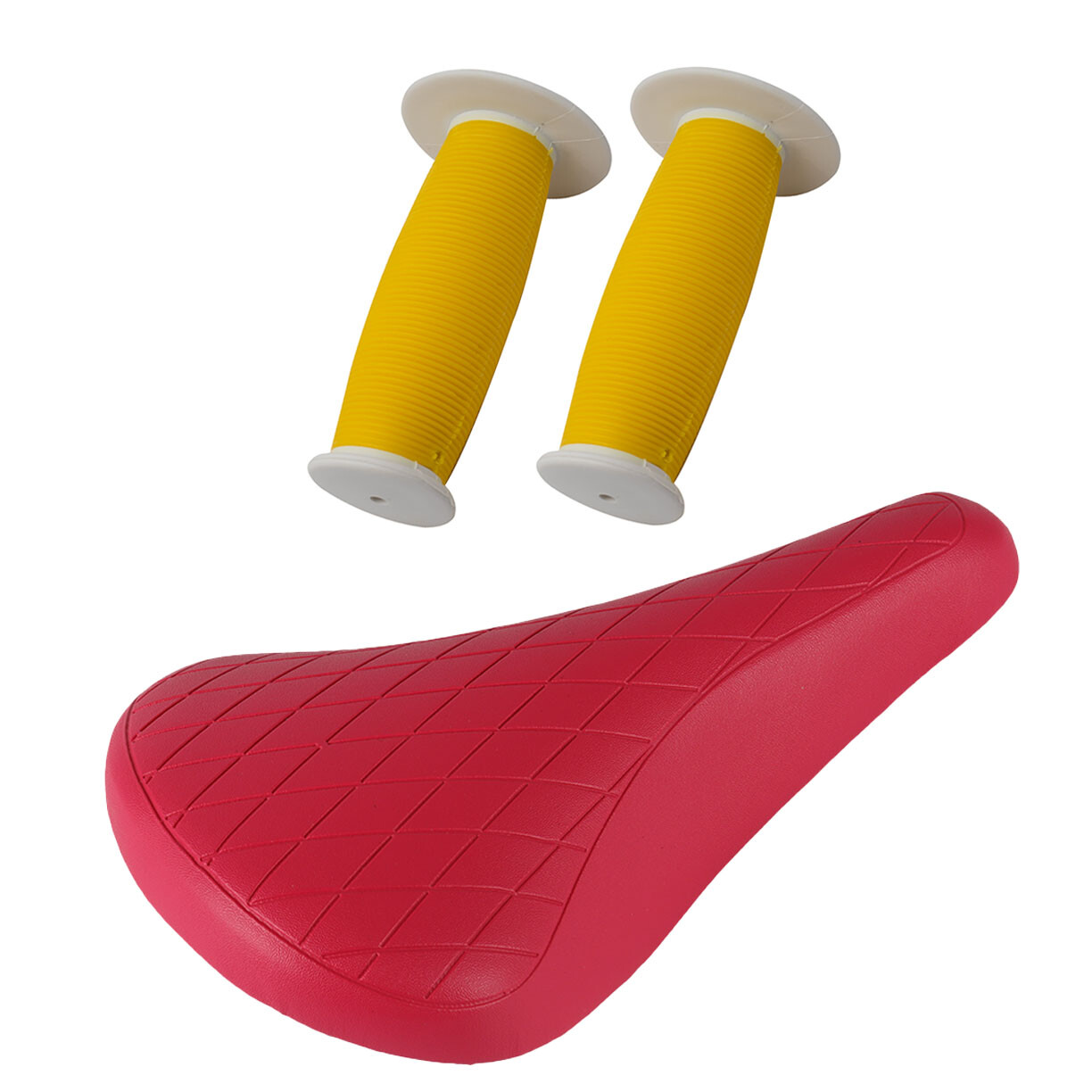 PRO+ Pink Diamond Saddle & Yellow/White Mushroom Grips BMX BIKE