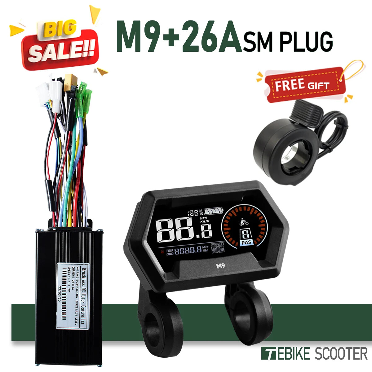 E-Bike 3 Mode Sinewave Controller 17A26A30A40A+LCD M5 M9 Display 24V36V48V Motor