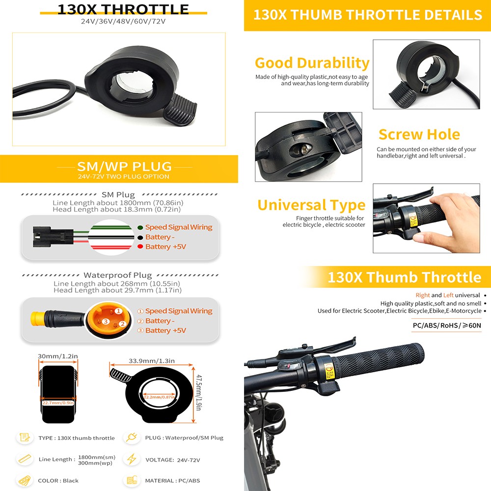 3 Pin Ebike Thumb Throttle 130X Left/Right Universal Bicycle Conversion Replace