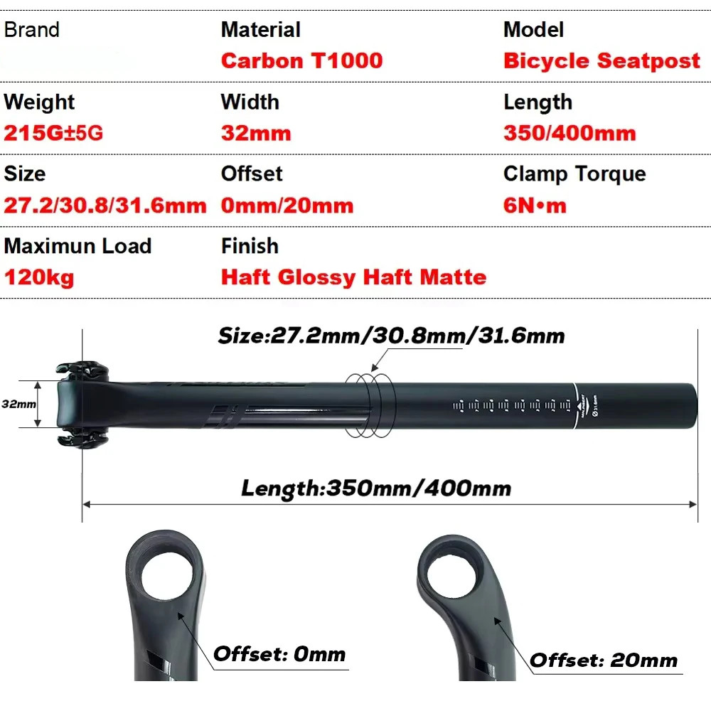 Carbon Seatpost 350/400mm Length MTB/Road Bicycle Half Matte Gloss Seat Tube