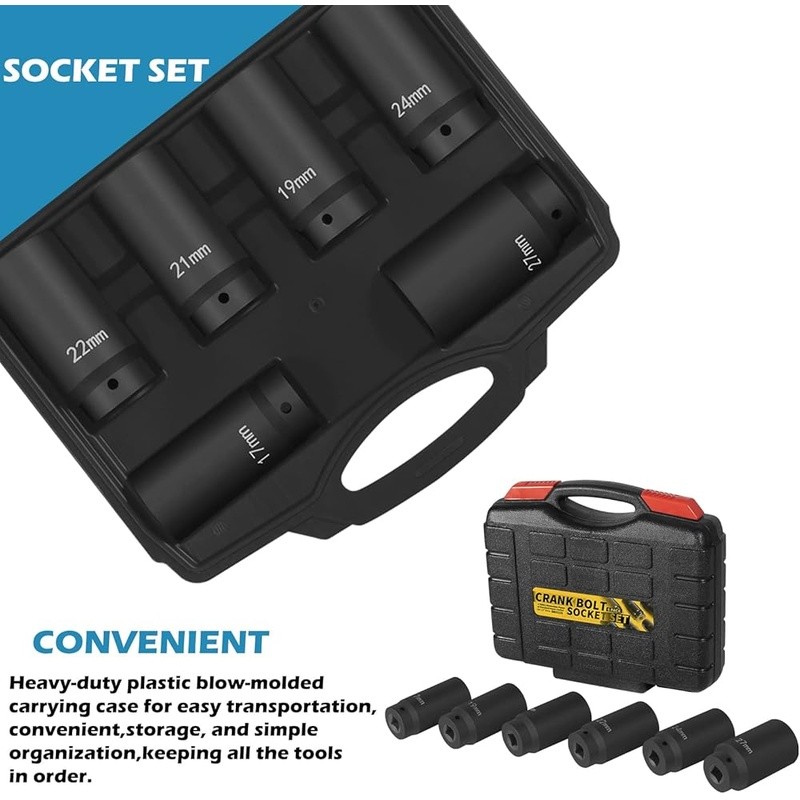 1/2″ Drive Deep Impact Crank Bolt Socket Set 17MM 19MM 21MM 22MM 24MM 27MM Tool