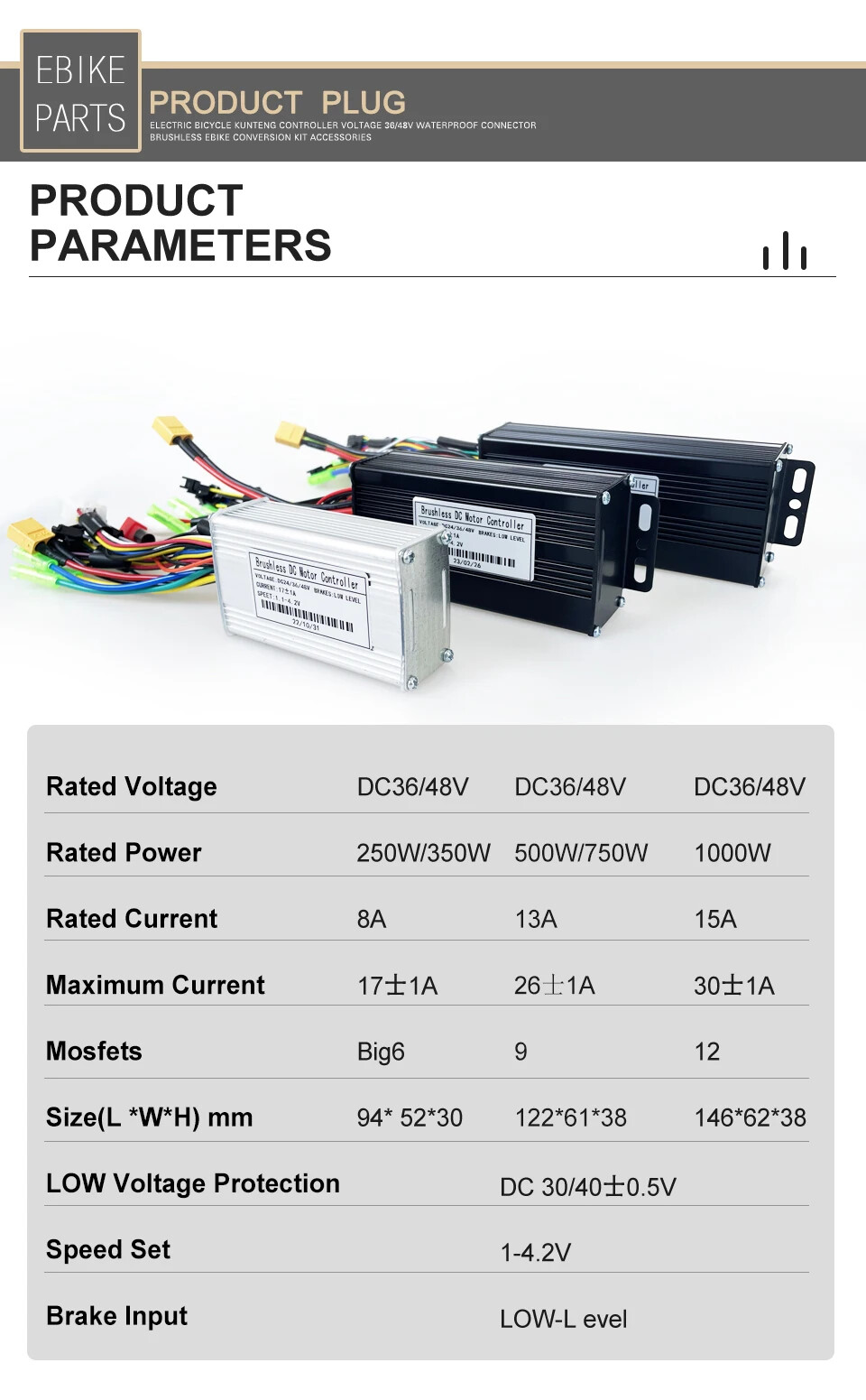 Three Mode 250W-1000W E-bike Brushless Sinewave Controller 17A/26A/30A 36V/48V