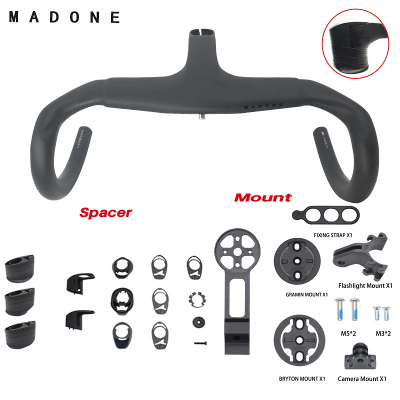 Carbon Road Bike Handlebar 380-440mm Internal Wiring 80-120mm with Spacer Mount