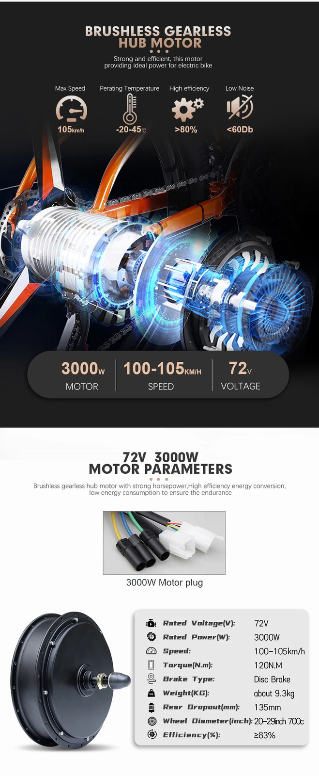MTX Ebike Kit 72V 3000W 105kmh Max Speed 20-29inch Brushless Rear Hub Motor