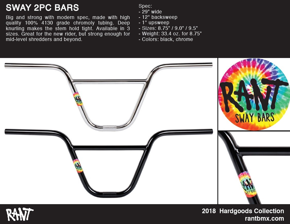 RANT SWAY BARS 2 PC BMX HANDLEBARS 9.5″ 100% CHROMOLY SHADOW SUBROSA CHROME NEW