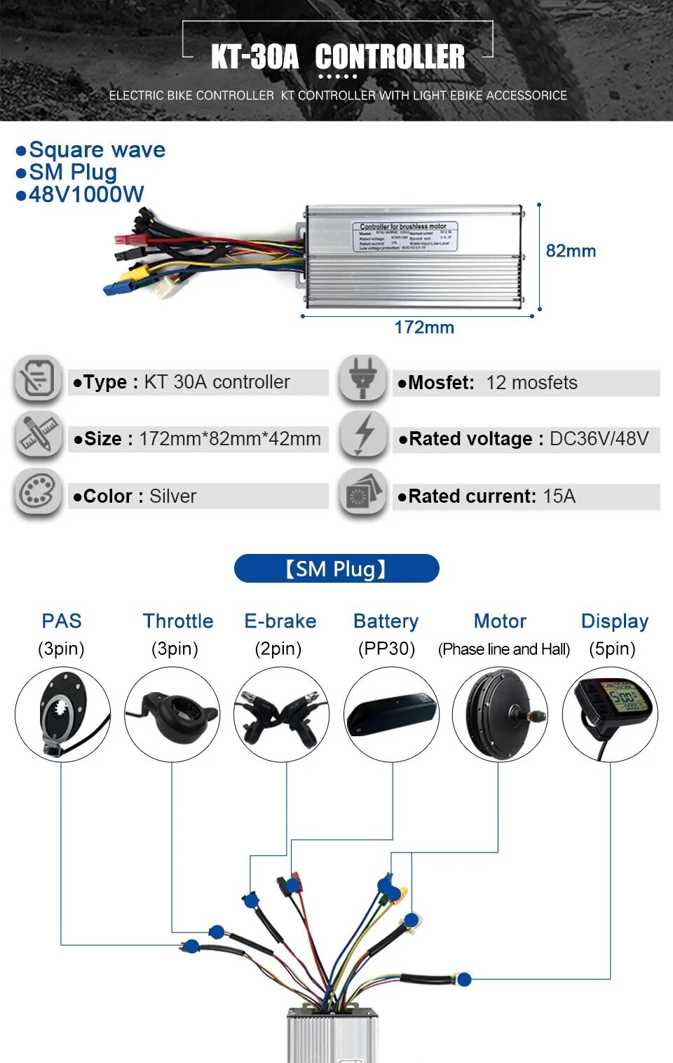 E-bike Brushless Controller SM Connector Squarewave 24V 36V 48V 250W-1500W