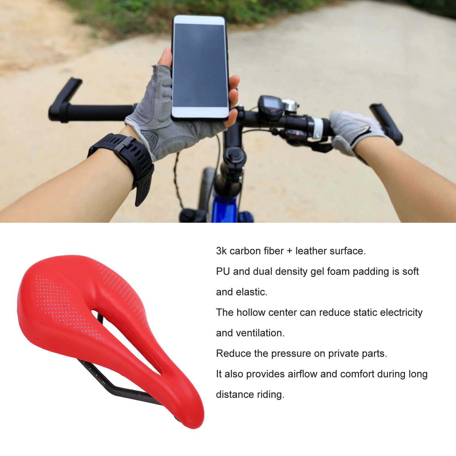 White Saddle Replacement Comfortable Hollow 3K Carbon Fiber + Leather