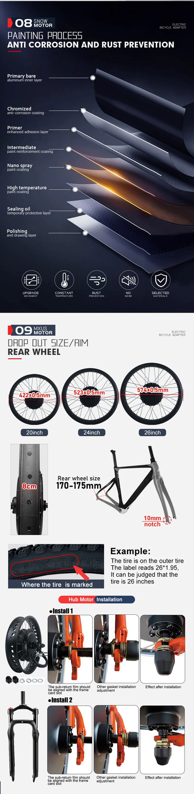 Snow Electric Fat Bike 48V 1000W 4.0 Tyre Brushless Rear Hub Motor Wheel Kit