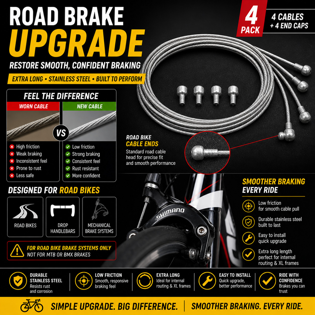 😀4 x Jagwire Slick Stainless Road Brake Cables Fr/Rr+Ferrules for SRAM Shimano