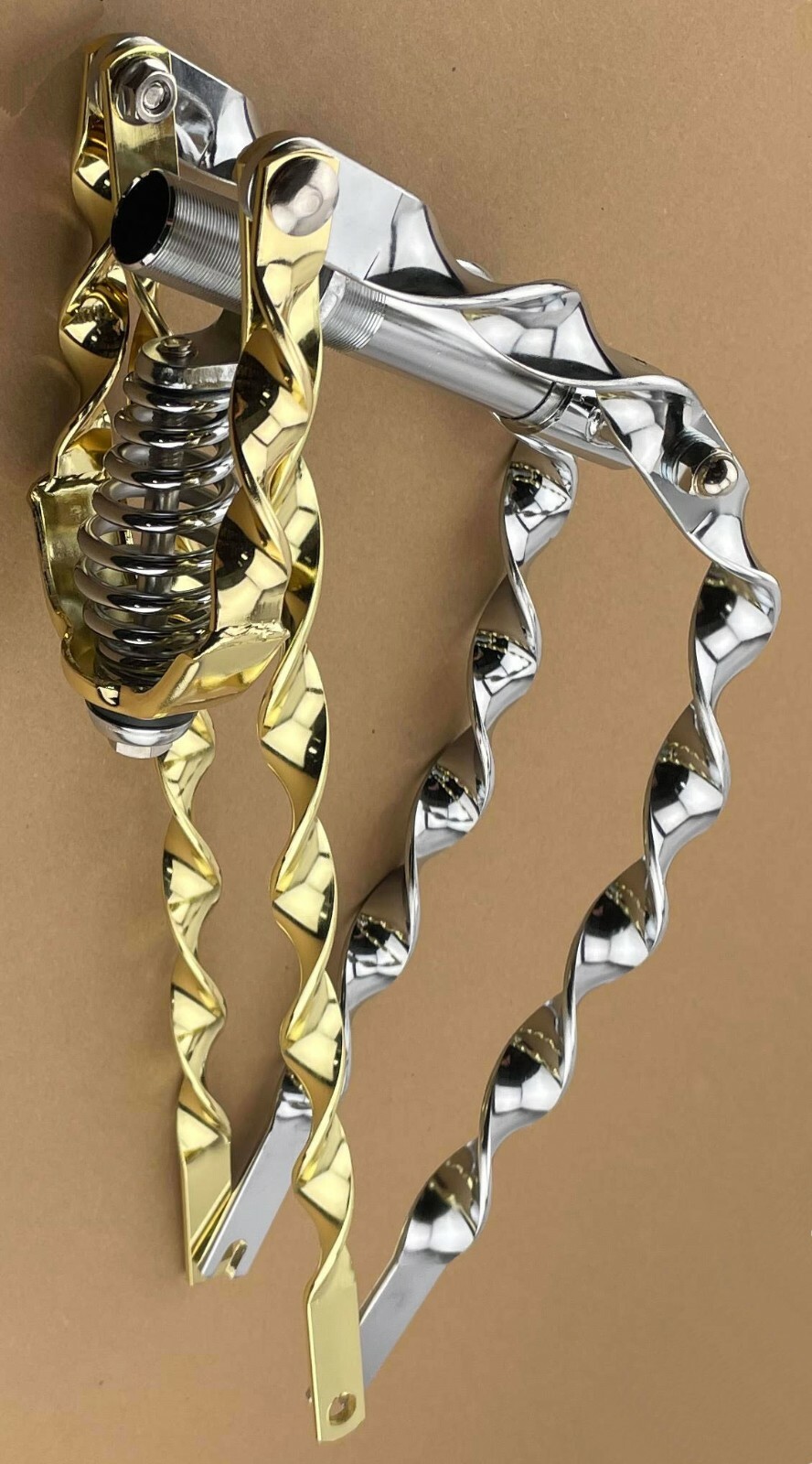 20″ VINTAGE LOWRIDER DROP-DOWN CHROME FLAT TWISTED SPRING FORK WITH GOLD PARTS.