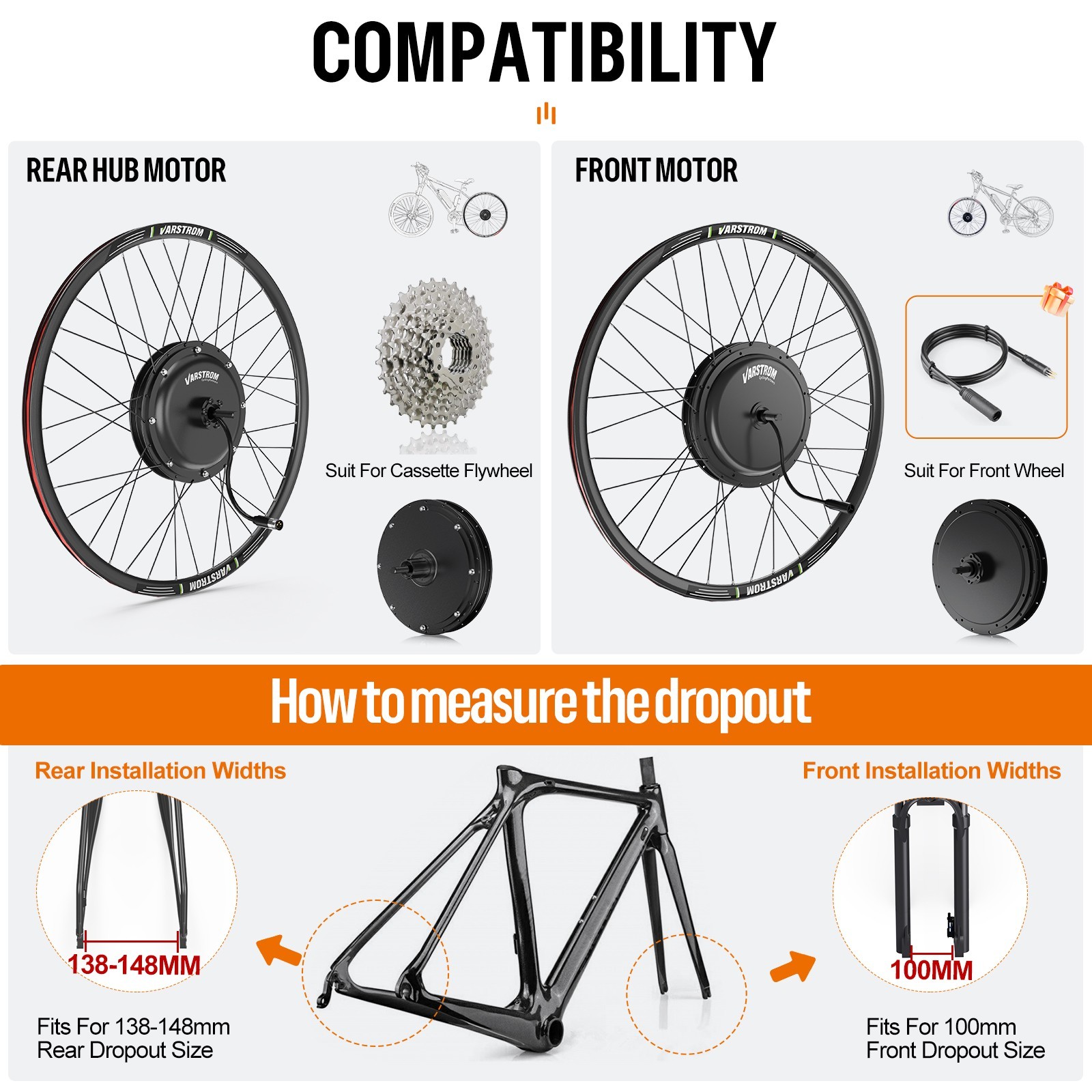 48V1500W26″27.5″700C Varstrom Rear Wheel Hub Motor Cassette EBike Conversion Kit