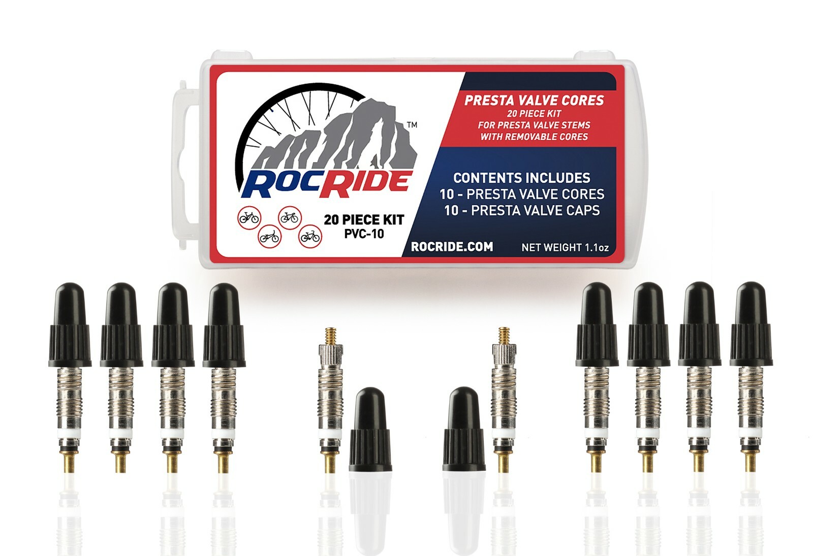 RocRide Presta Valve Cores with Removal Tool and Plastic Caps (10-Pack) Silver