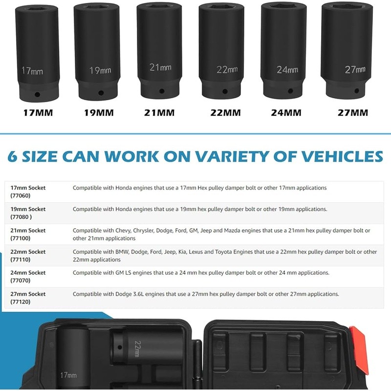 1/2″ Drive Deep Impact Crank Bolt Socket Set 17MM 19MM 21MM 22MM 24MM 27MM Tool