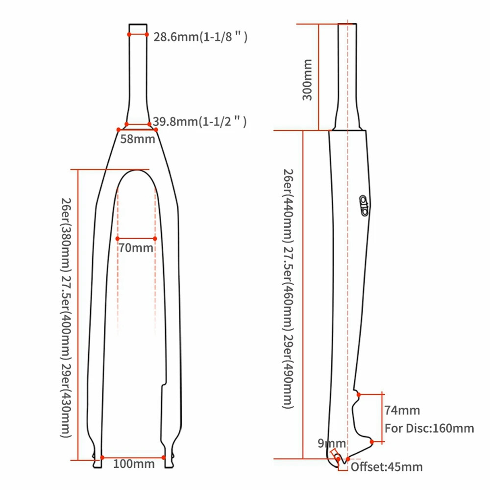 MTB Bicycle Carbon Fiber Rigid Fork 26er 27.5er 29er Tapered Tube 1-1/8 To1-1/2