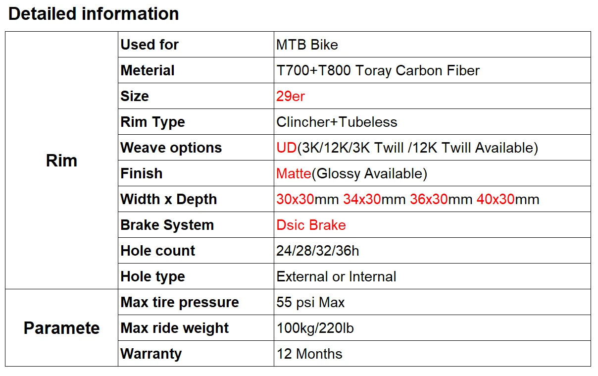 29inch Carbon Wheels MTB Bicycle Carbon Rims UD Matte Glossy 24 28 32 Holes