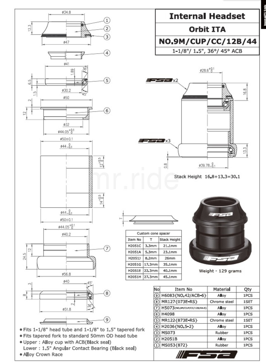 FSA Orbit ITA Tapered Headset No.9M/CUP/CC/12B/44-A, 1-1/8″ to 1.5″, OD 50mm