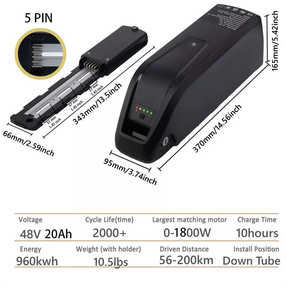 5PIN 48V 10Ah/15Ah/20Ah Electric bicycle Ebike lithium battery 200W-1800W Motors
