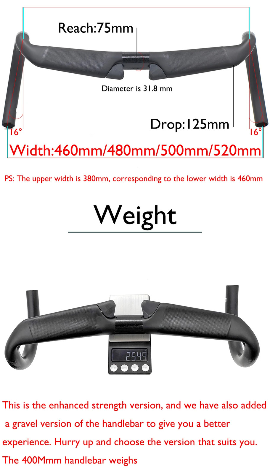 Carbon Fiber Road Gravel Cycling Handlebar Matte Black Diameter 31.8mm 380-440mm